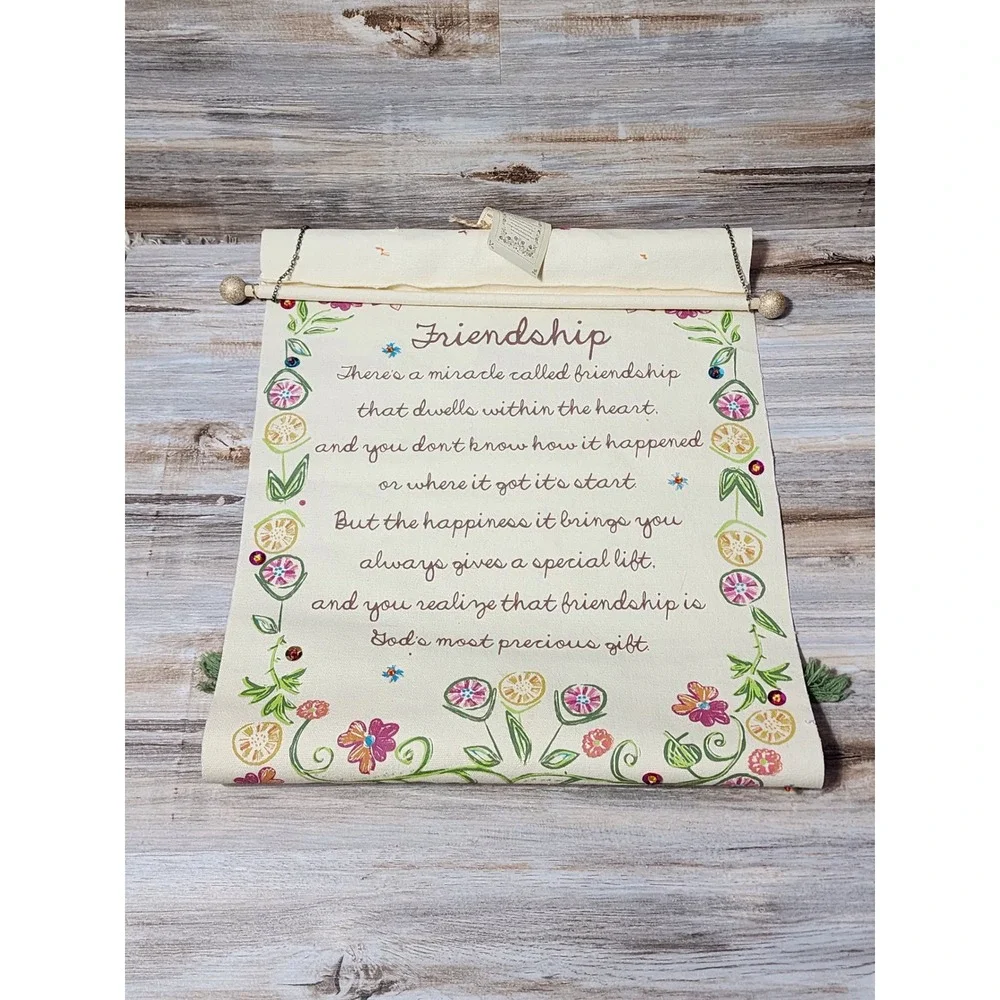 Natural Life Give Happy Friendship Wall Hanging Canvas Scroll Floral Poem 14x22